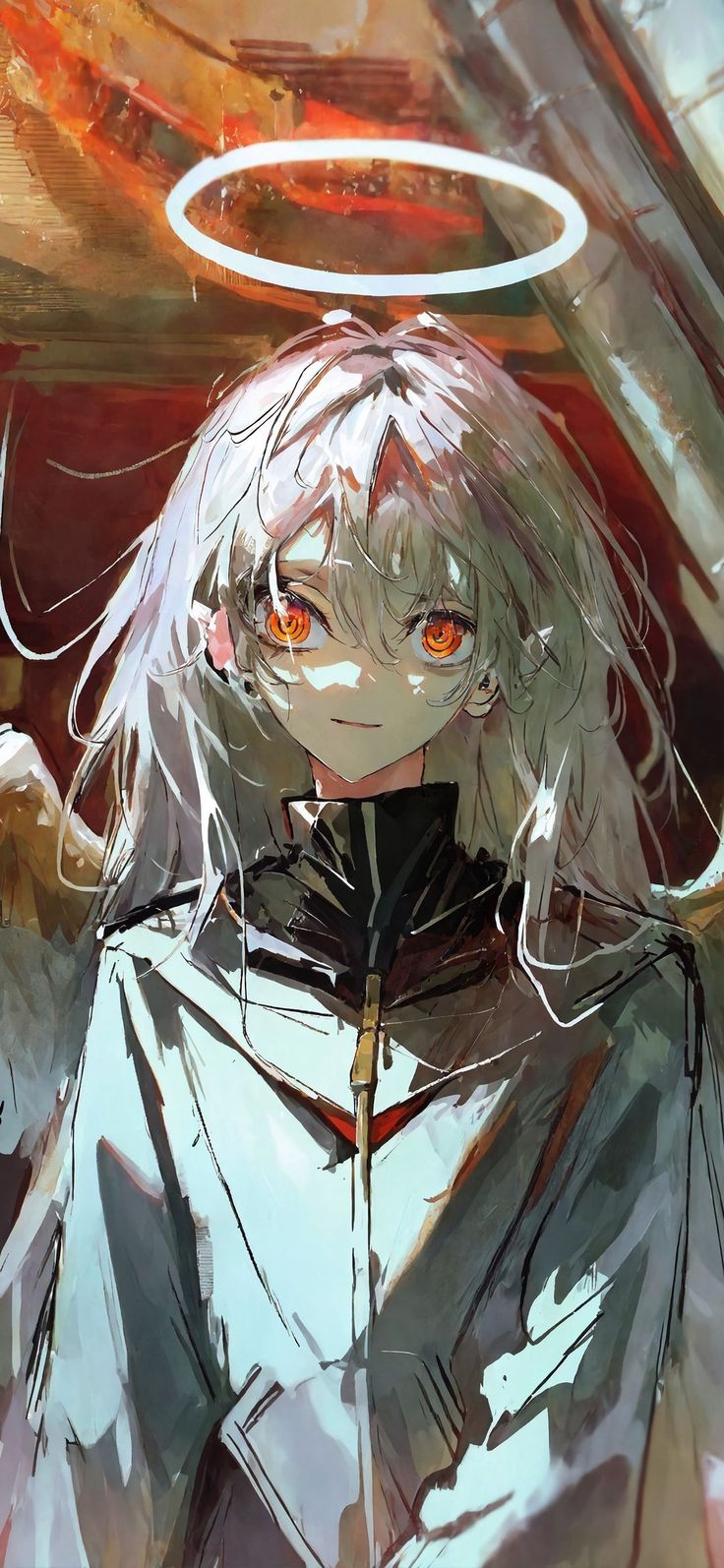 an anime character with long white hair and orange eyes standing in front of a circular object