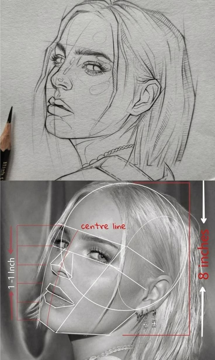 a pencil drawing of a woman's face with different angles and lines on it