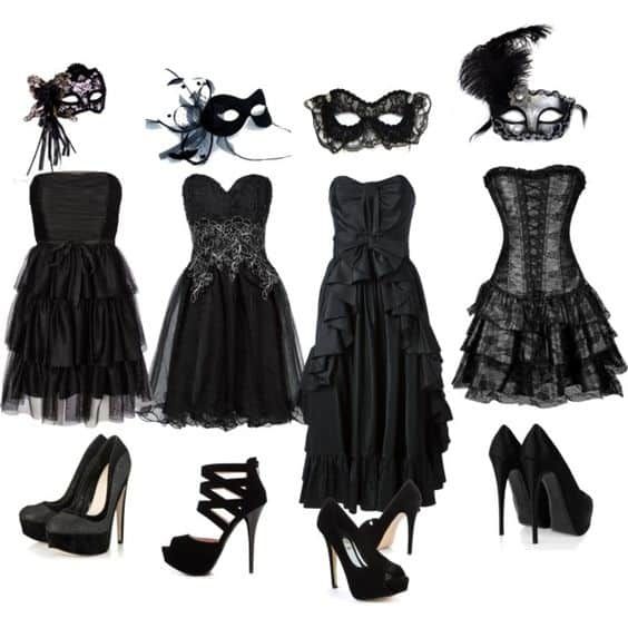 Black Masquerade Masks and Costumes For any Halloween Party Masquerade Ball Black Dress, Masquerade Outfit Ideas Homecoming, Masquerade Plus Size Outfit, Black Dress Masquerade Outfit, Black Mascarade Dress, Black Masquerade Dress Short, Masquerade Ball Costumes Halloween, Halloween Ball Costume, Masquerade Outfit Ideas Short Dress