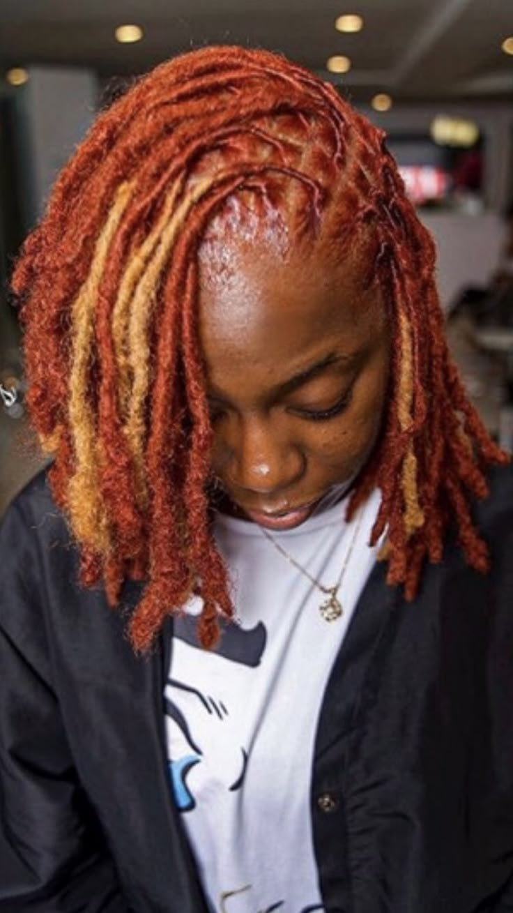 Copper Dyed Locs, Orange And Blonde Locs, Fall Color Locs, Red And Blonde Locs Black Women, Black Locs With Highlights, Dyed Locs Dark Skin, Locs Color Combo, Loc Colors Black Women, Skunk Stripe Locs