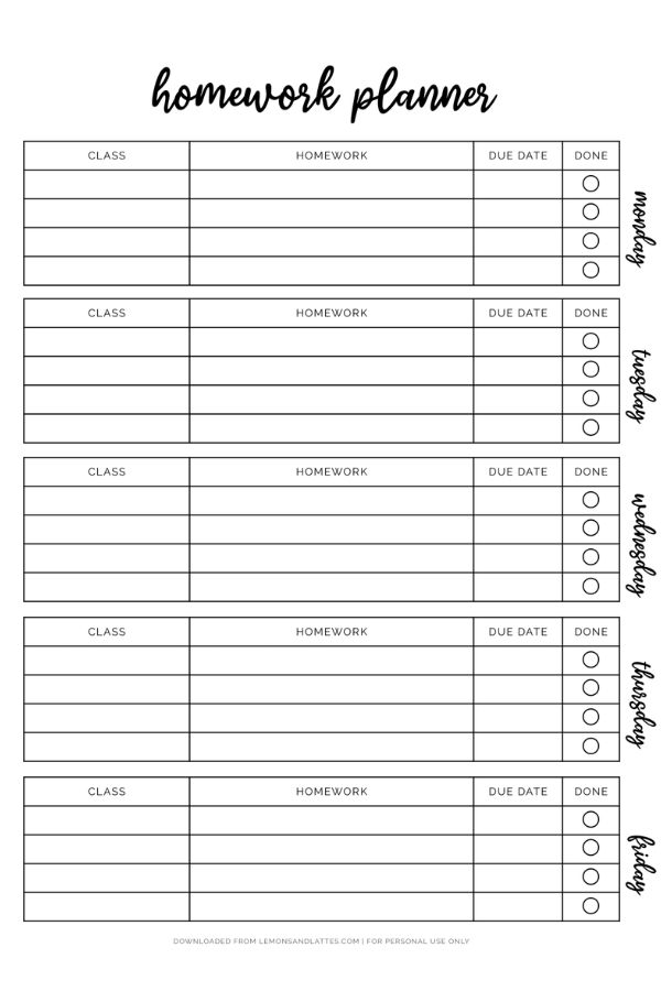 the printable homework planner is shown in black and white