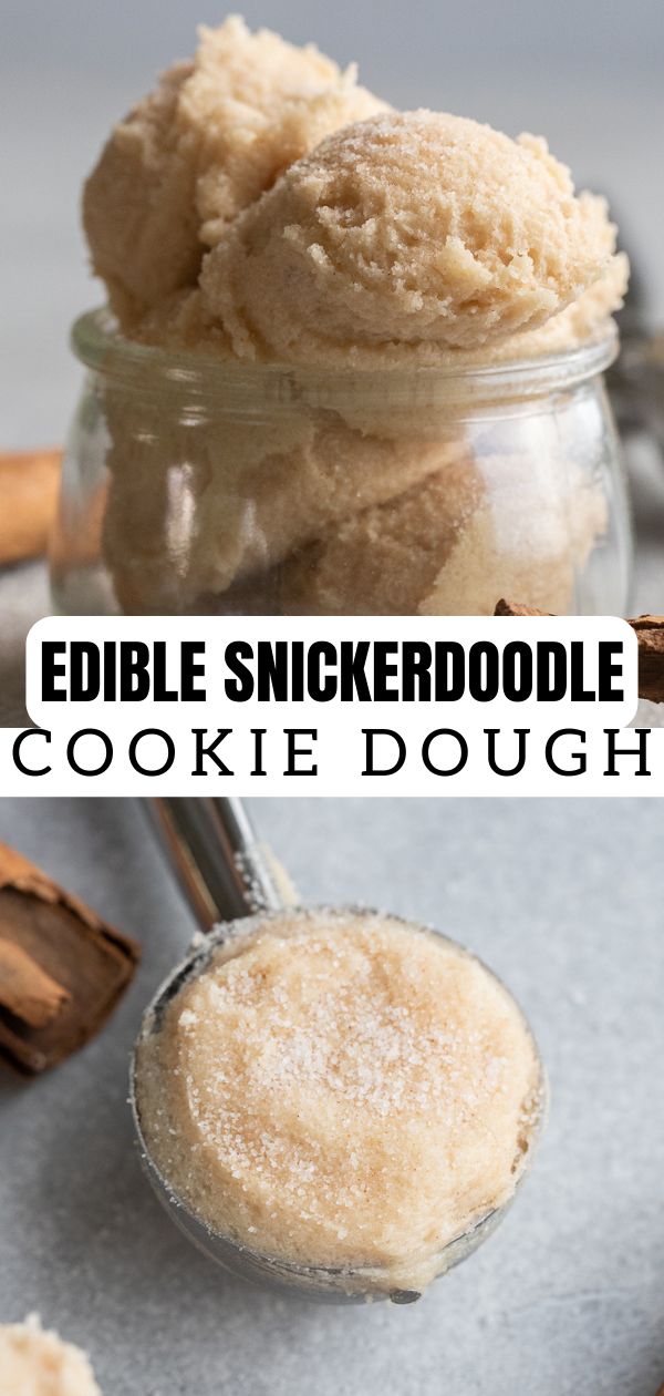 edible snickkerdoodle cookie dough in a glass jar with cinnamon sticks next to it