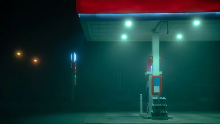 an empty gas station at night with the lights on