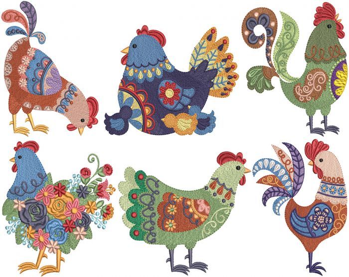 four different colored roosters are shown in this embroidery pattern