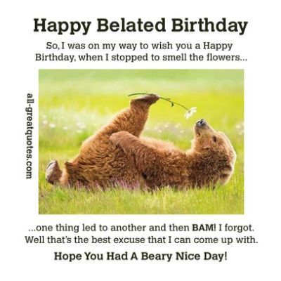 a happy birthday card with two bears in the grass and one is holding a flower