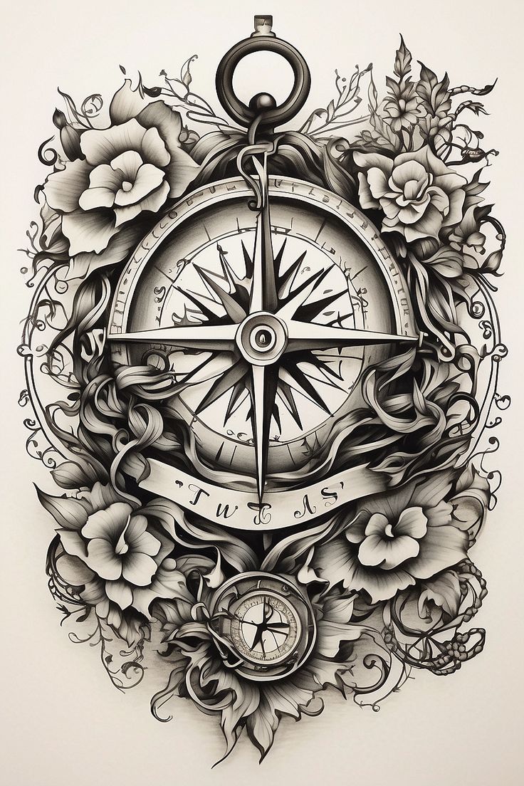 a drawing of a compass and flowers