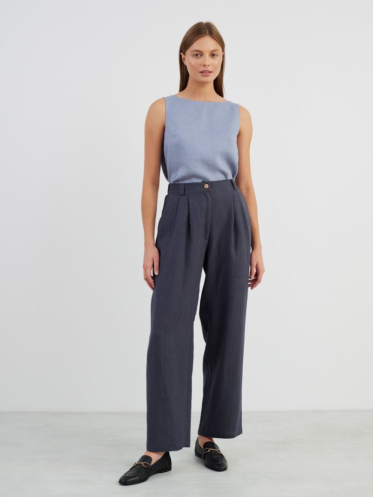 "JAMES is a high waisted tailored linen pants. DETAILS - High waisted - Seam pockets - Straight leg - Two front darts - Features hidden zip and the button in front - Elasticated back - 100% lightweight European linen fabric - Cut and sewn to order just for you in our studio COLOR - Dark Grey, you can also choose other colors above - Fabric samples are available here https://www.etsy.com/listing/586569696/linen-fabric-samples SIZING & FIT - Fits true to size - Model is 5'10\" / 178cm and wearing a size S CARE FOR LINEN - Machine wash up to 30ºC/86ºF gentle cycle - Lay flat to dry or tumble dry low - Warm iron if needed - Do not bleach SIZE GUIDE Size conversion guide Size XS (US 0-2, IT 36-38, UK 4-6, Japan 3-5, France 32-34) Size S (US 4-6, IT 40-42, UK 8-10, Japan 7-9, France 36-38) Size Tailored Linen Wide Leg Bottoms, Tailored Linen Wide-leg Bottoms, Tailored Wide Leg Linen Bottoms, Chic Linen Workwear Bottoms, Chic Linen Bottoms For Work, High-waisted Linen Dress Pants For Workwear, Tailored High Waist Linen Pants, Tailored High-waist Linen Pants, Linen Straight Leg Pants For Office