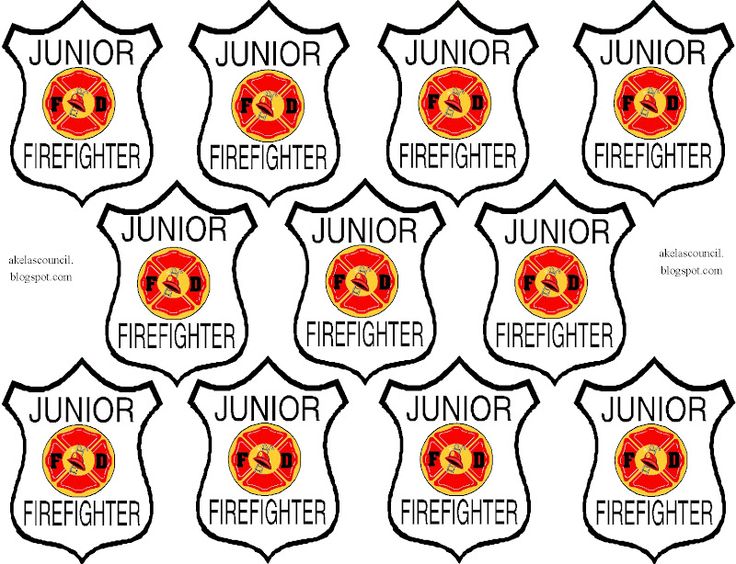 the badges for junior firefighters are shown in black and red, with an orange circle