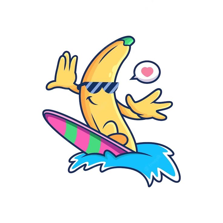 a cartoon banana surfing on a surfboard