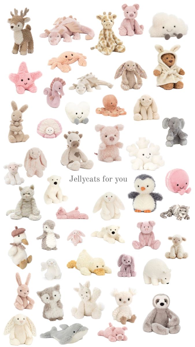 many different stuffed animals are shown together