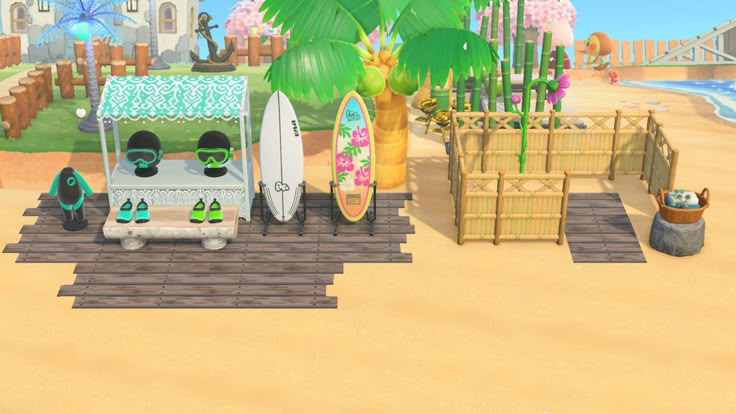 a beach scene with surfboards, palm trees and other items on the sand in front of a building