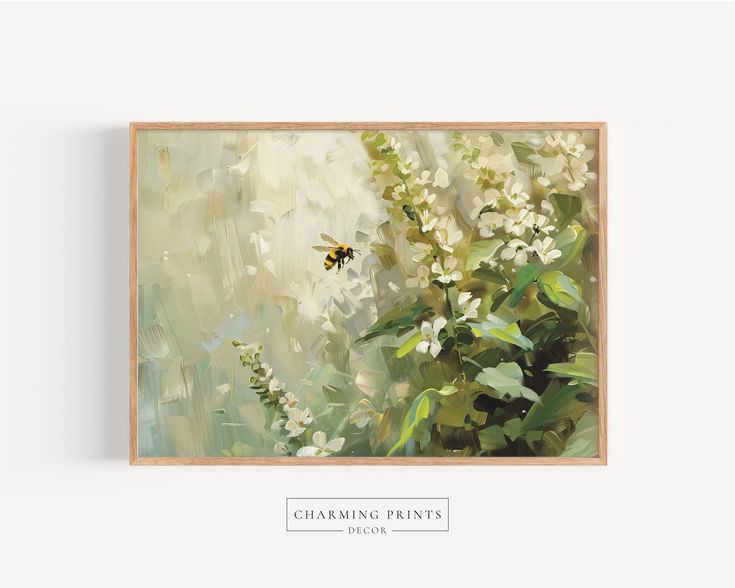 a painting with white flowers and a bee on it