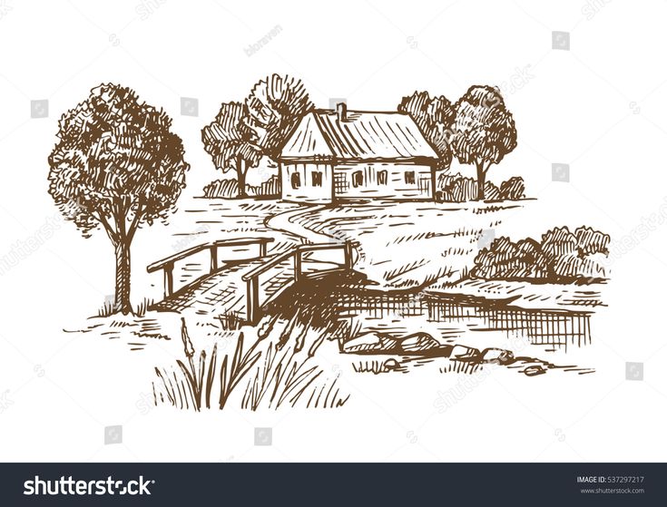 a house on the hill with trees and a bridge in the foreground hand drawn