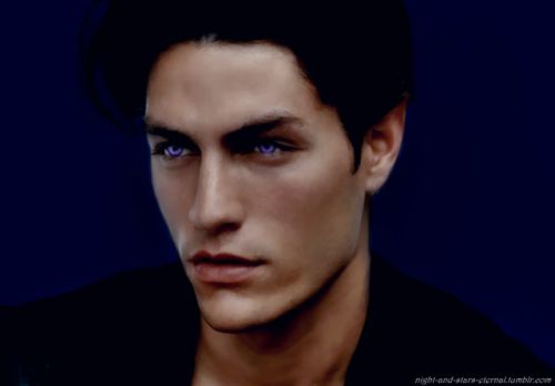 a digital painting of a man with blue eyes and black hair, wearing a black jacket