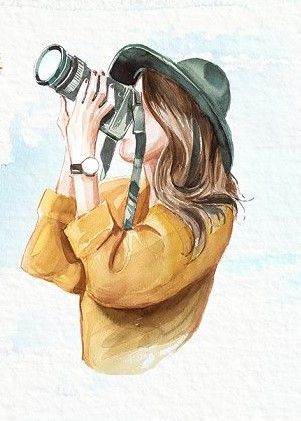 a watercolor painting of a woman looking through a binoculars lens at a bird flying overhead