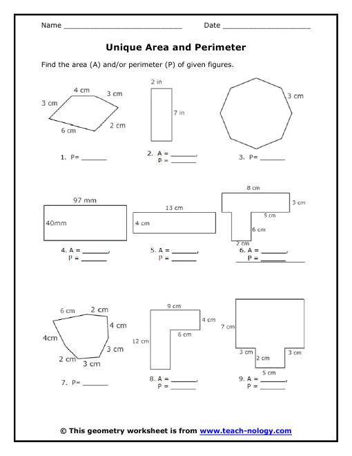 worksheet showing the area and perimeters for an object that is similar to other objects