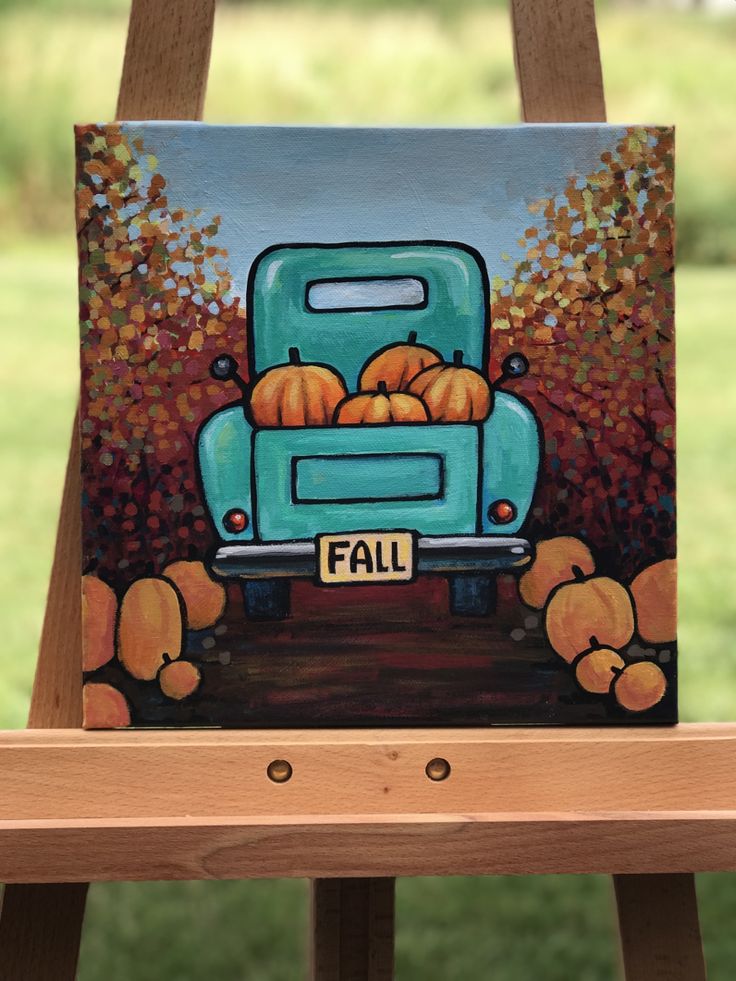 Teal truck scene with fall trees and pumpkins Tiny Canvas Painting, Truck With Pumpkins, Halloween Canvas Art, Helloween Wallpaper, Tiny Canvas, Fall Canvas Painting, Fall Drawings, Fall Canvas, Fall Fest