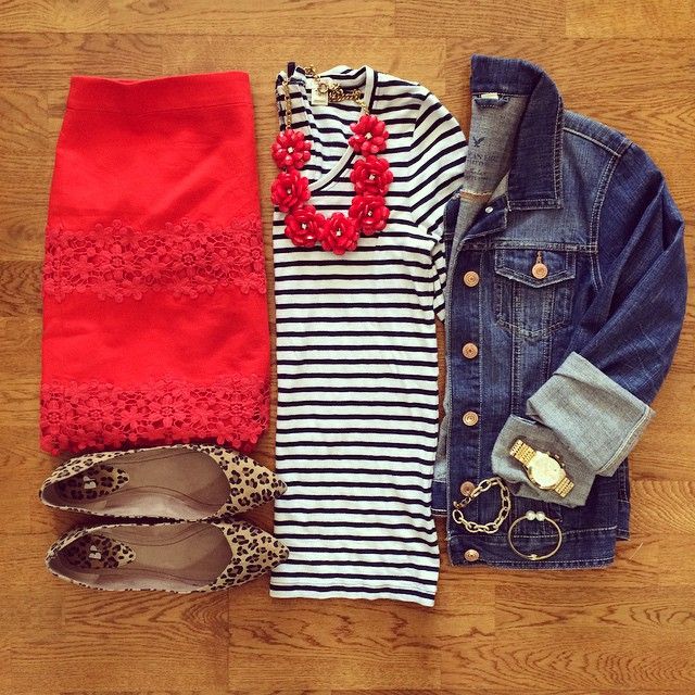 Striped Shirt, Red Lace Mini Skirt, Jean Jacket, Leopard Flats | #weekendwear #casualstyle #liketkit | www.liketk.it/19WbM | IG: @whitecoatwardrobe Sans Jacket, T Shirt Makeover, Coral Pants, Spring Night, Friday Outfit, Solid Skirt, Fleece Leggings, Summer Work, Red Jeans