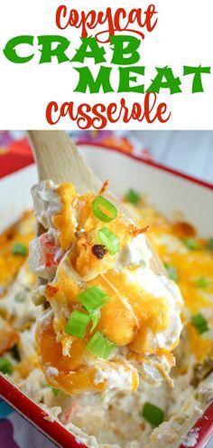 a spoon full of crab and cheese casserole