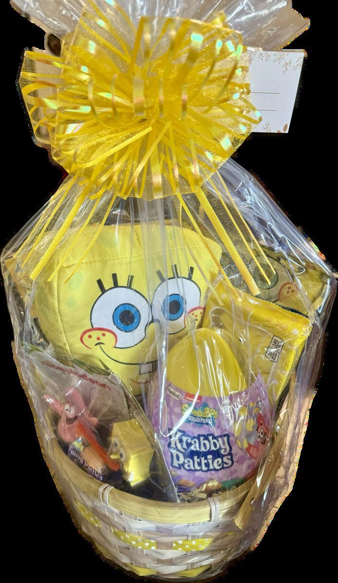 a yellow basket filled with candy and an assortment of candies in the shape of spongebob