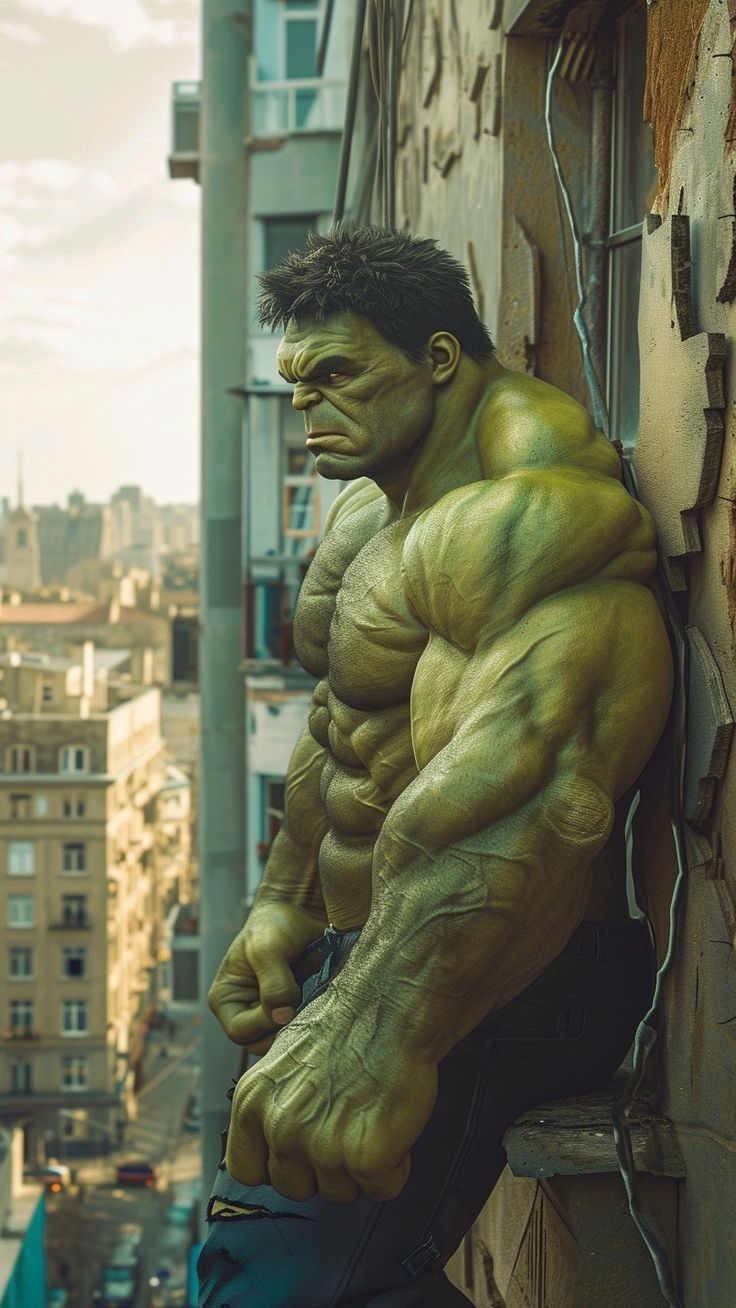 the incredible hulk man is hanging on to a building