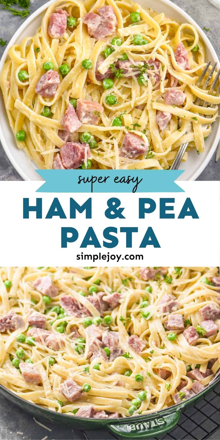 ham and pea pasta with peas in a skillet