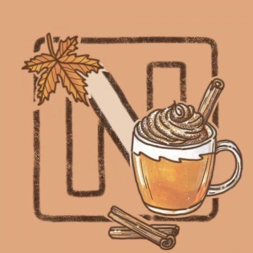 a drawing of a cup of hot chocolate with cinnamon sticks and an autumn leaf on top