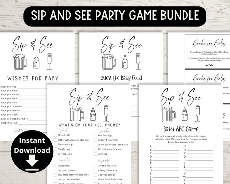 the sip and see party game bundle is shown in black and white, with an image of