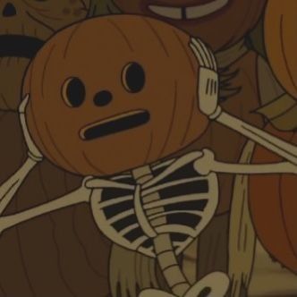 a cartoon pumpkin with skeleton faces on it