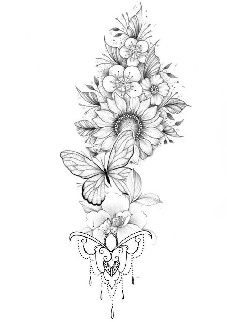 a black and white drawing of flowers with butterflies