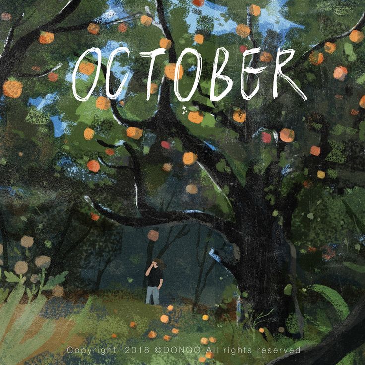 an illustration of a man standing under a tree with the words october written on it