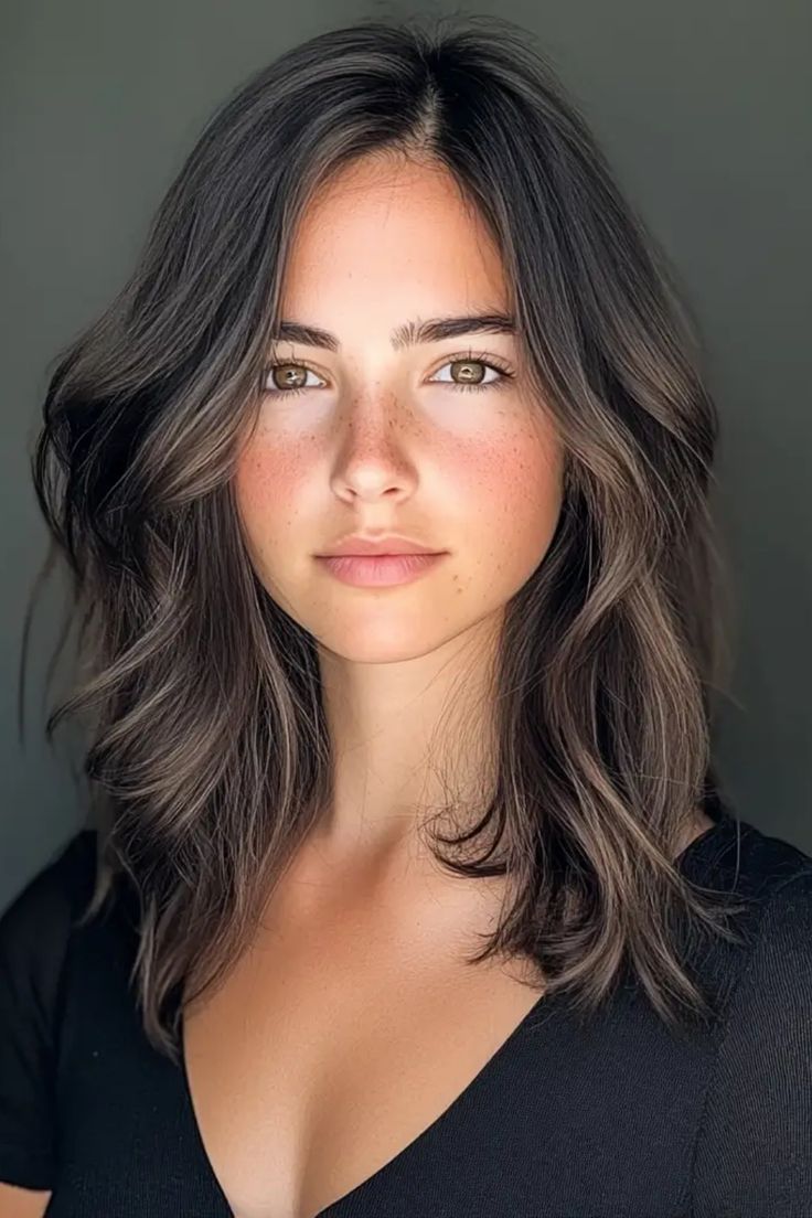 Woman with wavy, shoulder-length brown hair, wearing a black top, looking directly at the camera. Dark Brunette With Cool Tone Highlights, Natural Cool Brunette, Brookie Hair Color, Best Hair Color For Summer Skin Tone, Brunette Hair Color Winter, Brown Hair After Blonde, Full Color Brunette Hair, Natural Looking Brown Hair Highlights, Ashy Brown Hair Olive Skin