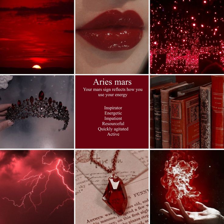 a collage of photos with red and pink lighting in the background, including books