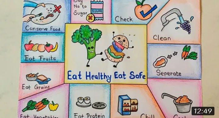 a poster with pictures of healthy foods and words that say eat healthy, eat safe