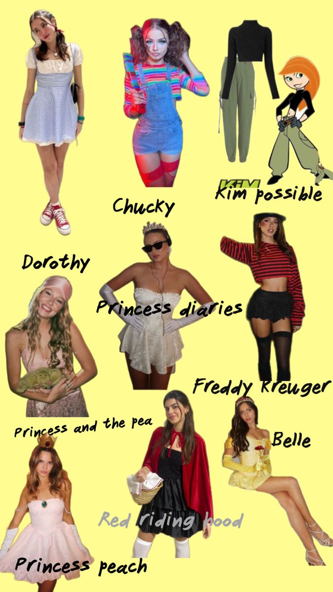 many different types of costumes are shown in this image, with the names on them