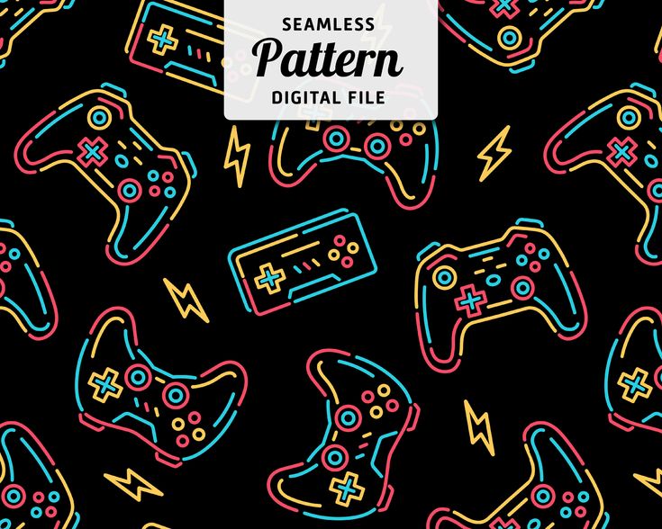 seamless pattern with video game controllers and lightnings in neon colors on a black background