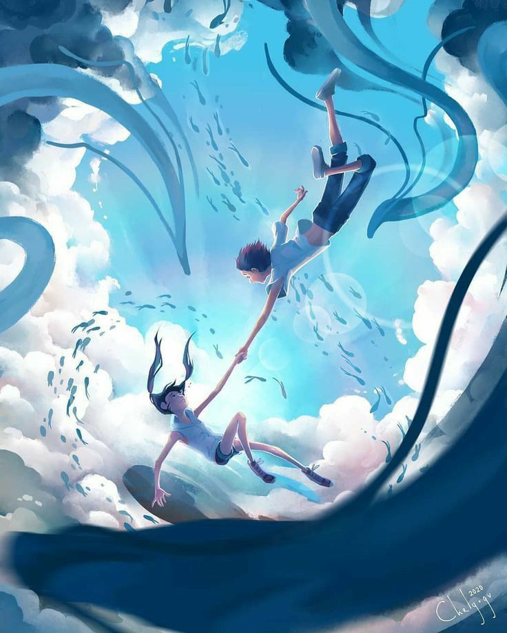 two people floating in the air on top of clouds