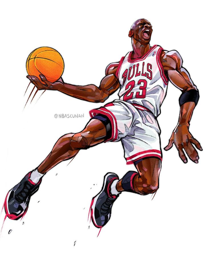 a drawing of a basketball player in the air with a ball on his hand and feet