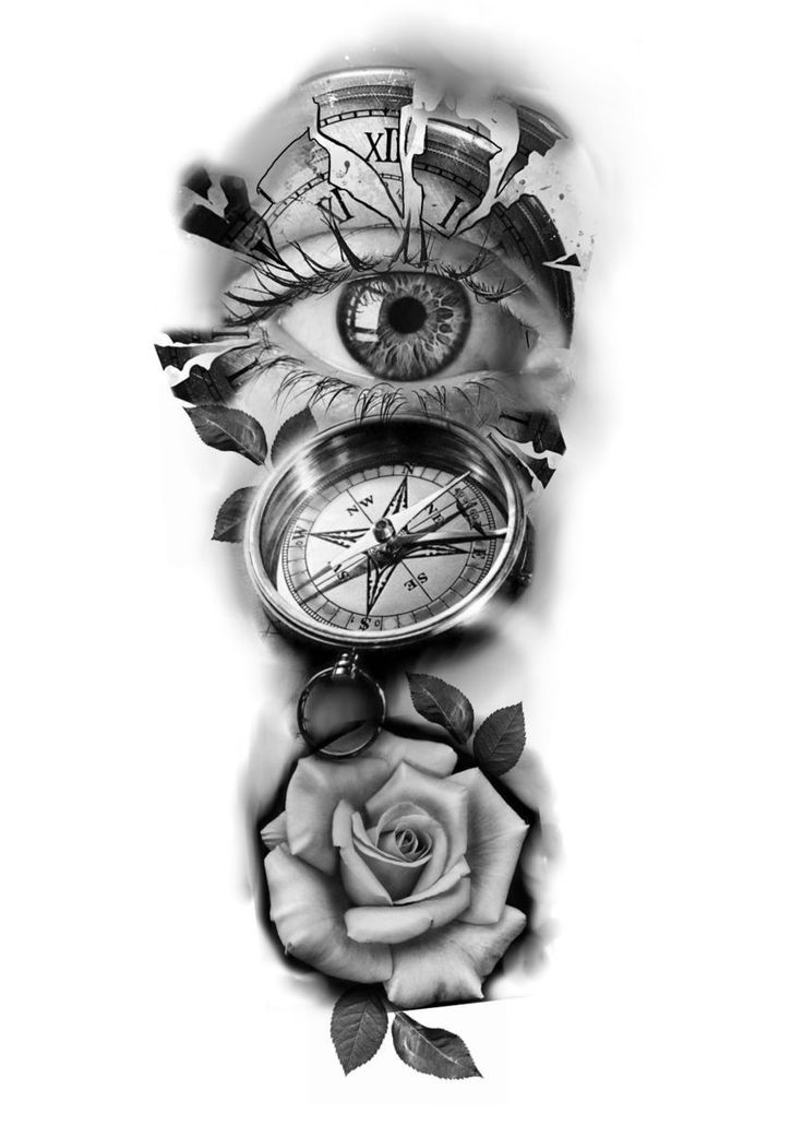 a rose with an all seeing eye and clock on it's side is shown in black and white