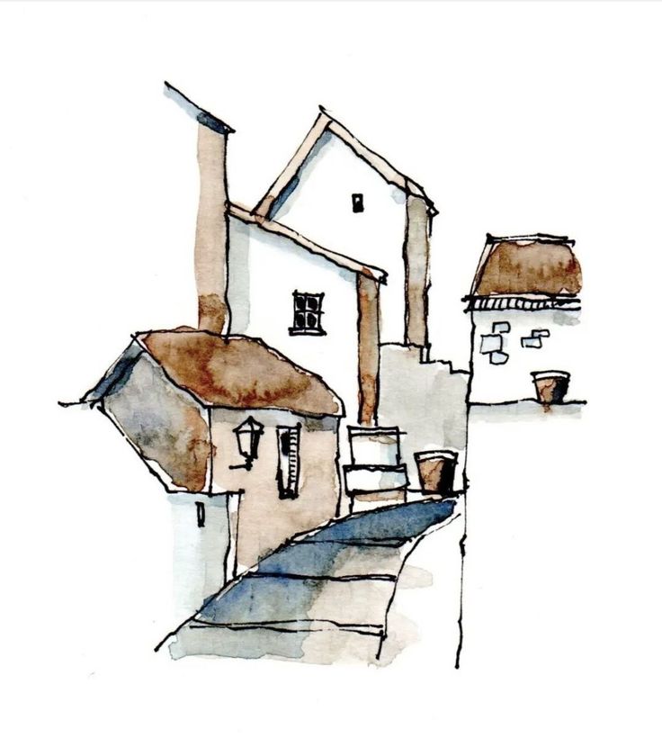 watercolor and ink drawing of a house with stairs leading up to the front door