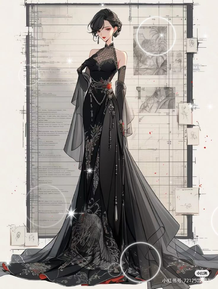 Black Long Dress Elegant, Vestidos Anime, Digital Dress, Dreamy Gowns, Fashion Drawing Sketches, Art Outfits, Images Kawaii, Clothing Design Sketches, Fantasy Dresses