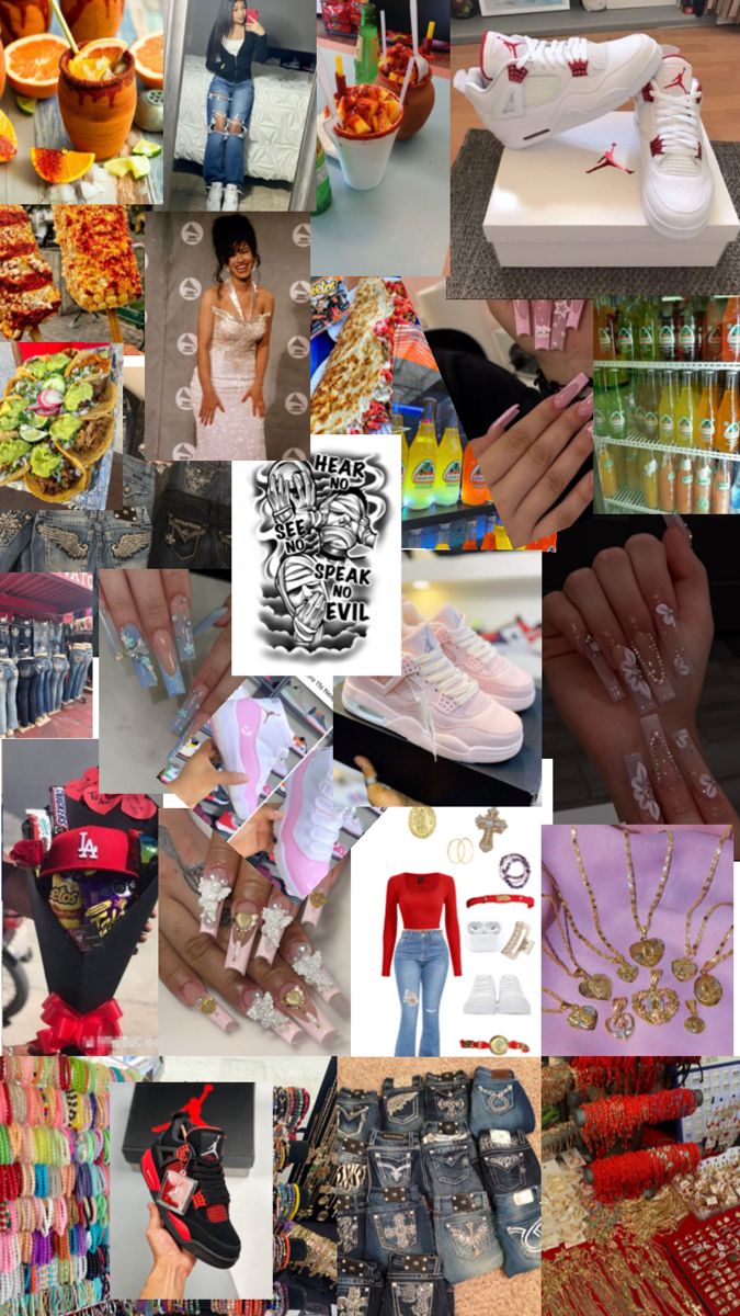 a collage of photos with different types of clothing and jewelry on display in the middle