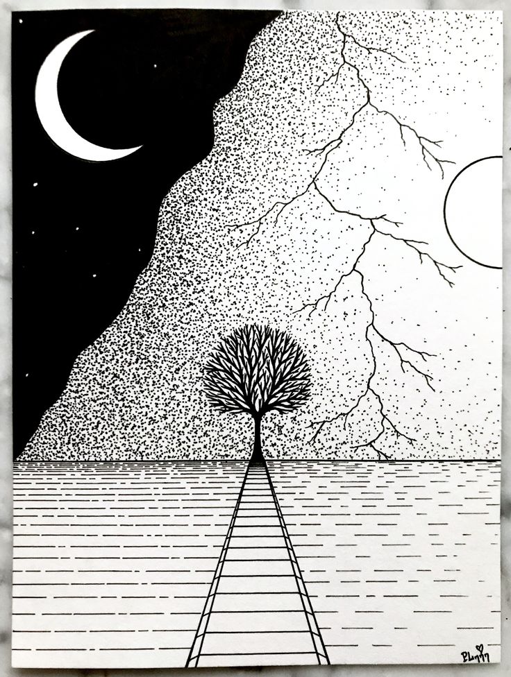 a black and white drawing of a tree with a moon in the sky above it