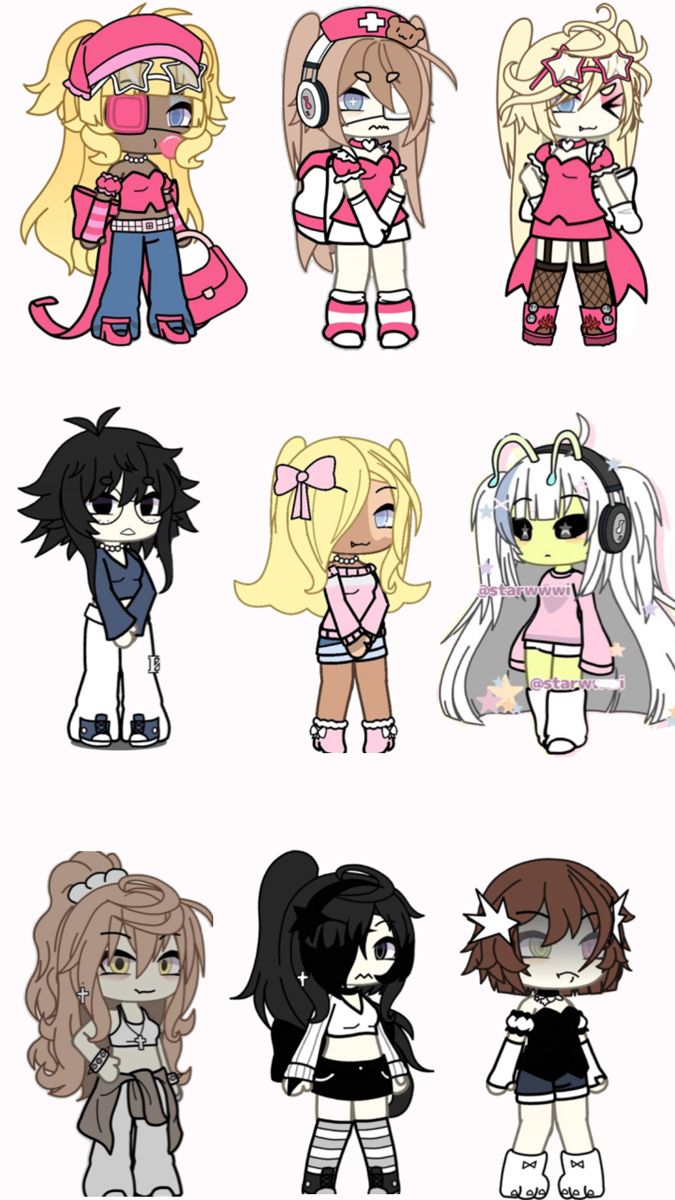 some cartoon characters with different outfits and hair styles, all wearing headphones on their ears