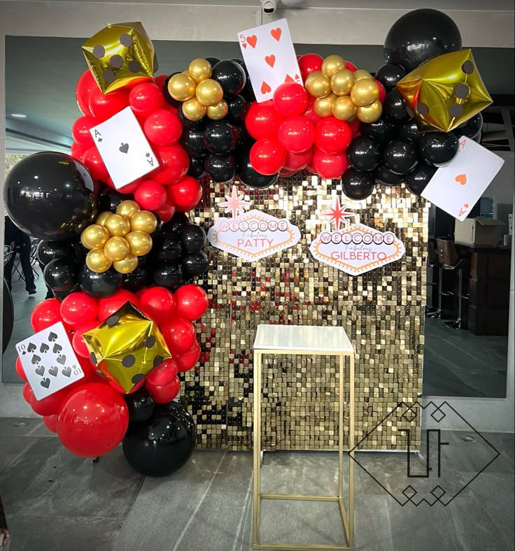 a birthday party backdrop with balloons, streamers and confetti on the wall