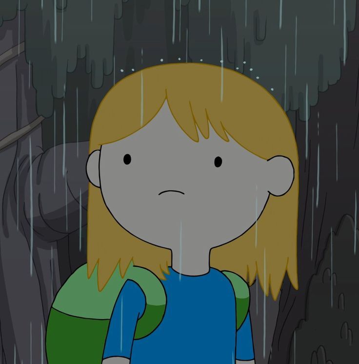 a cartoon girl with blonde hair and blue shirt standing in front of a forest filled with rain