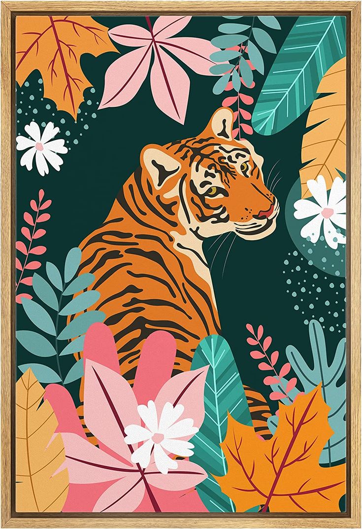 a tiger surrounded by tropical leaves and flowers