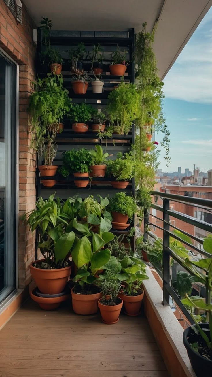 an apartment balcony with potted plants on the balconies and a view of the city