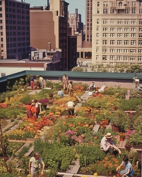 people working in an urban garden on the roof of a building