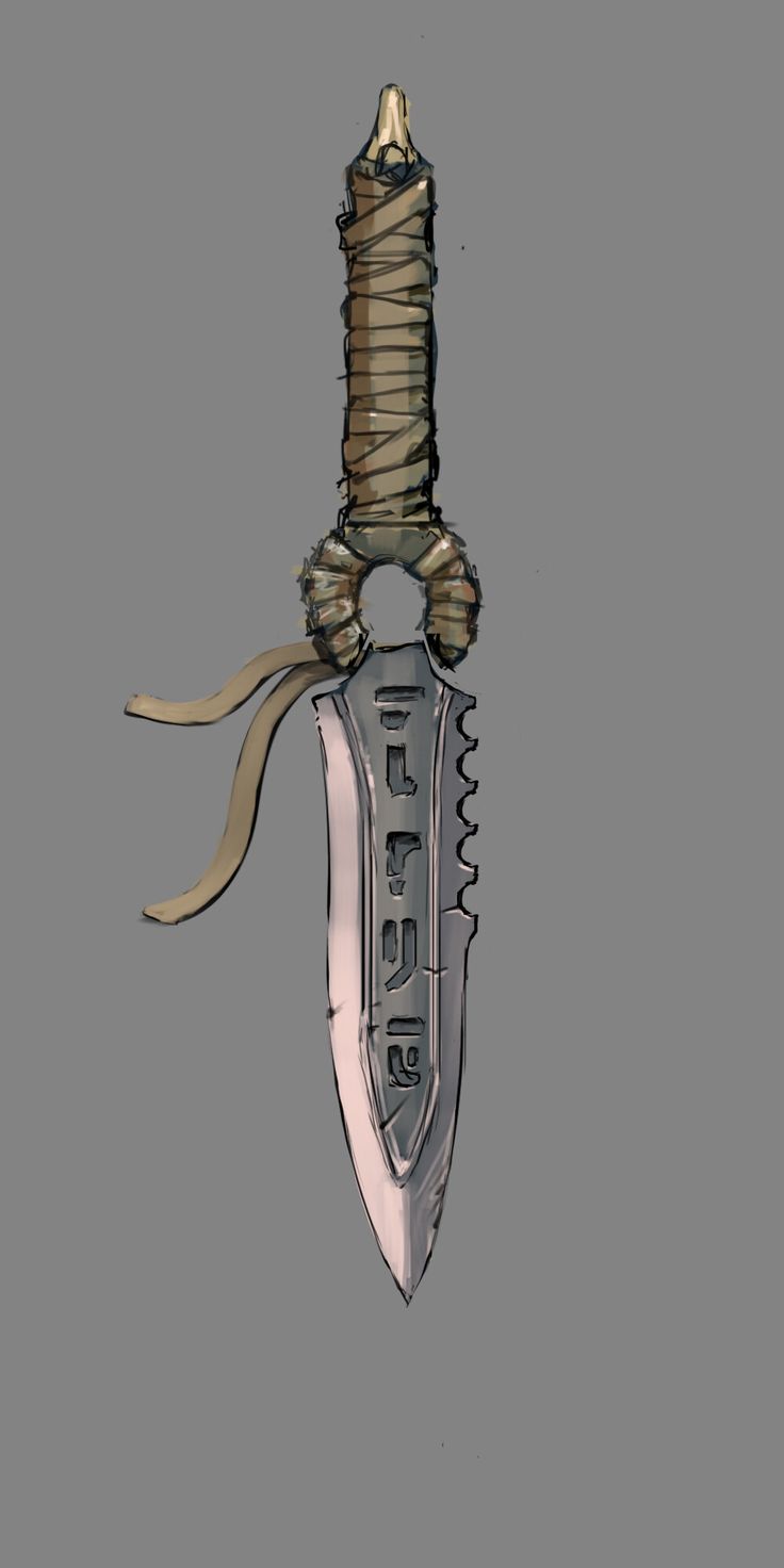 a drawing of a knife with a long blade on the end and a ribbon wrapped around it